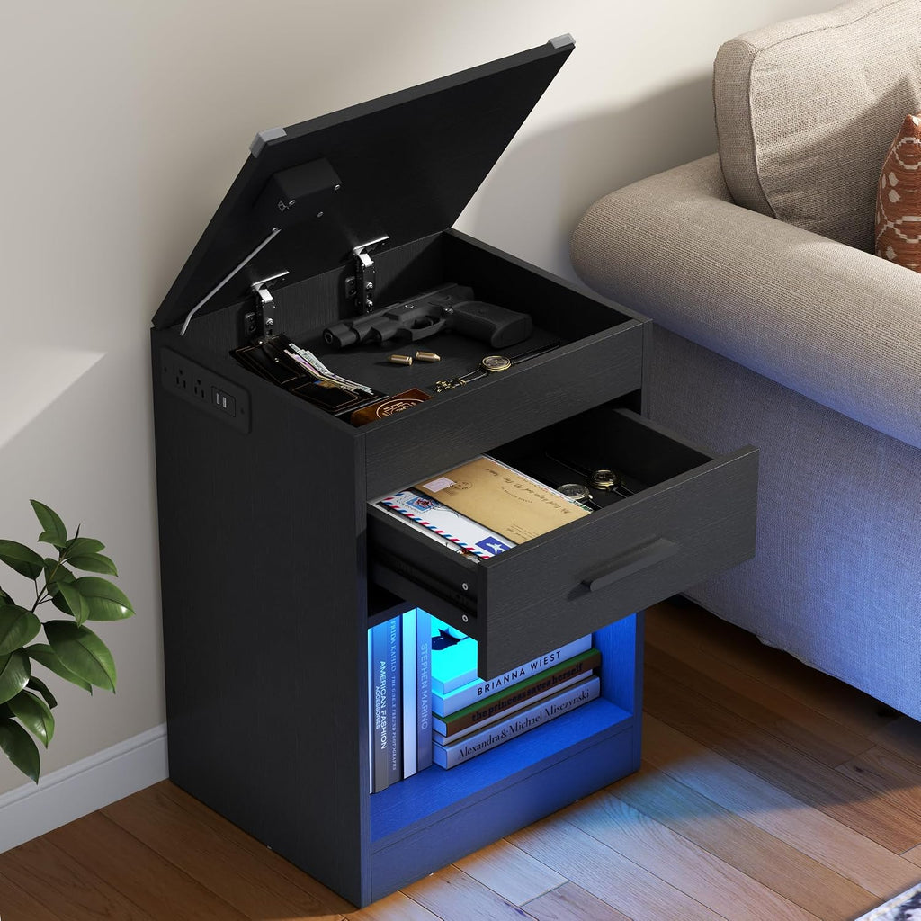 Black Nightstand Set of 2 with Charging Station & RFID Lock,LED Night Stand