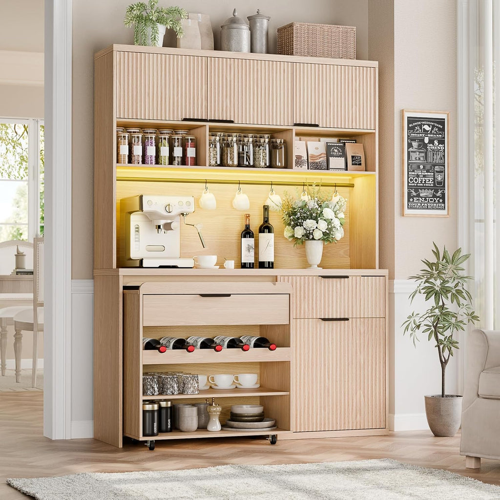 71" Tall Pantry Cabinet with Wine Cabinet Cart, Kitchen Storage Cabinets with LED Light & Charging Station, Kitchen Hutch with Microwave Stand, Freestanding Food Pantry with for Dining Room, Natural