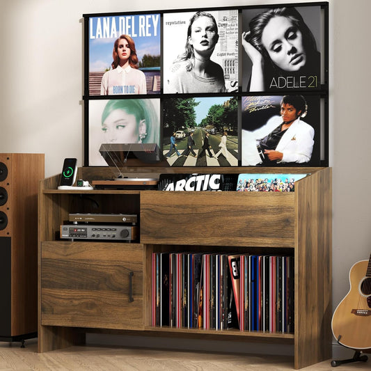 Upgraded Large Record Player Stand, Mid-Century Turntable Stand with Power Outlet, Large Record Player Table Holds Up to 500 Albums, Vinyl Storage Cabinet Display Shelf for Living Room (Walnut)