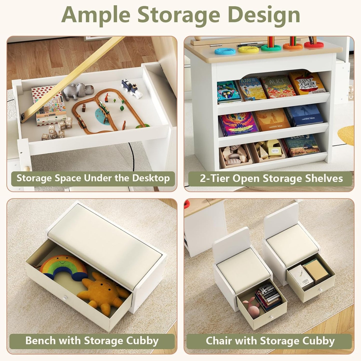 3 in 1 Kids Art Table and Chair Set, Art Desk & Easel w/ Storage Shelves, Drawers, Paint Cups, Paper Roll, Toddler Table and Chair Set w/ Bench & 2 Chairs for Draw, Write, Play, Crafts (Light Walnut)