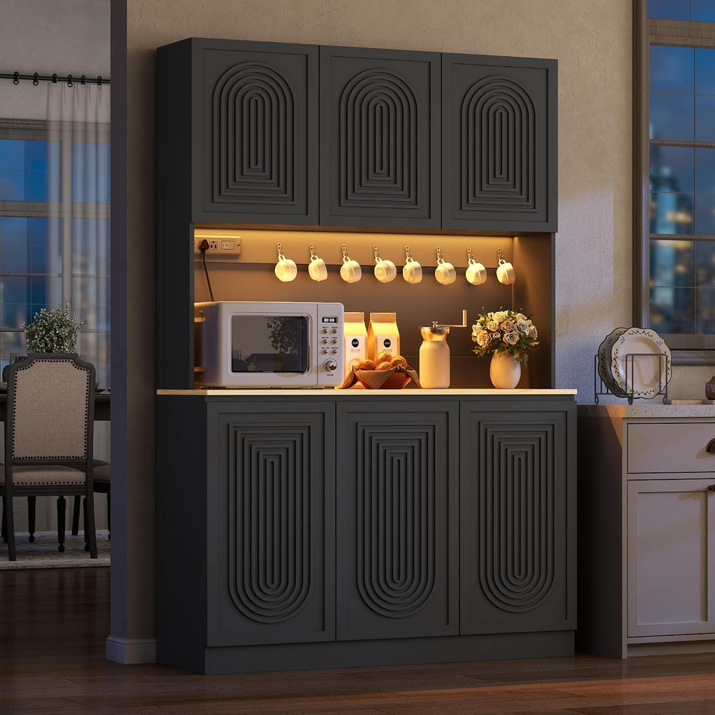 71" Black Kitchen Pantry with Power Outlet, Kitchen Hutch with LED Light