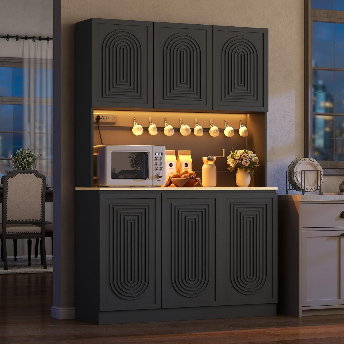 71" Black Kitchen Pantry with Power Outlet, Kitchen Hutch with LED Light