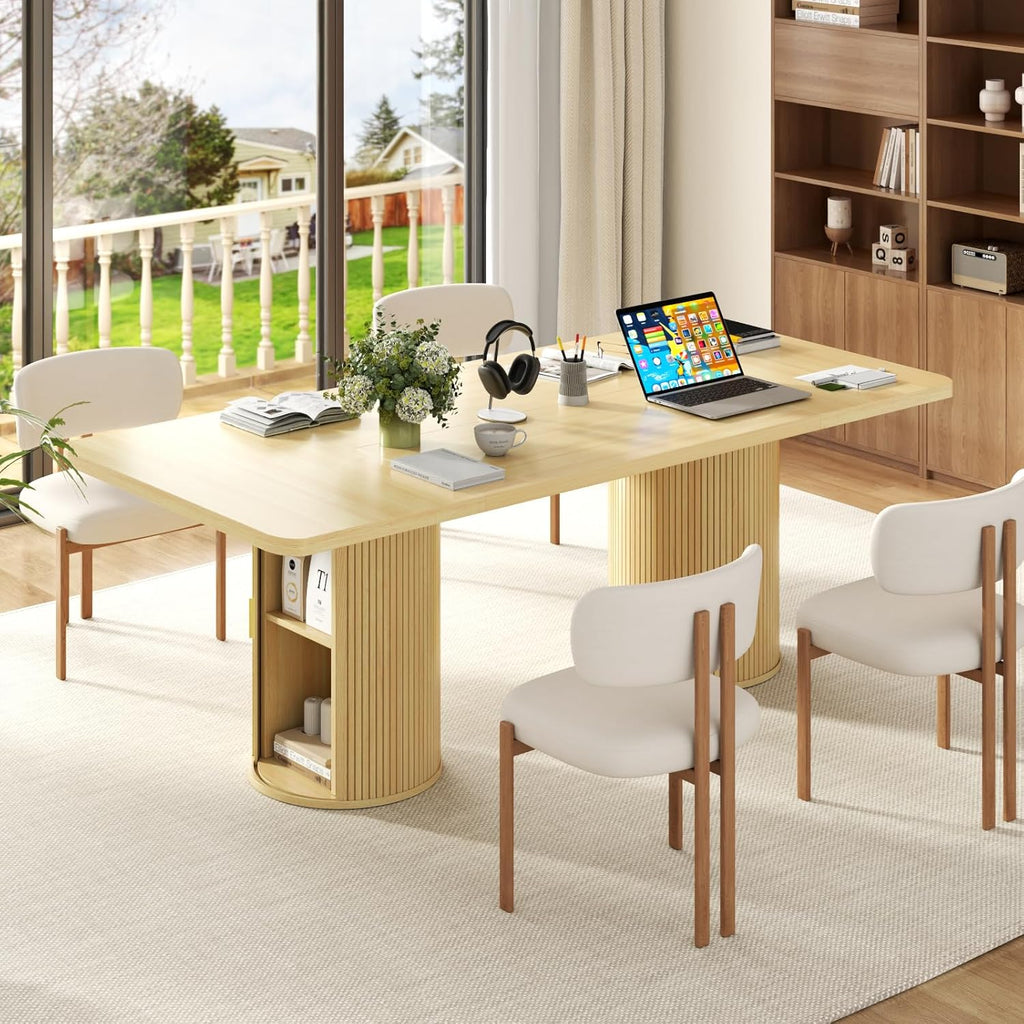 79" Dining Table for 8-10 People, Long Large Kitchen Table with 2-Tier Storage Shelf and Fluted Base, Modern Farmhouse Dinner Tables for Dining Room Kitchen,Living Room,Office (Natural)
