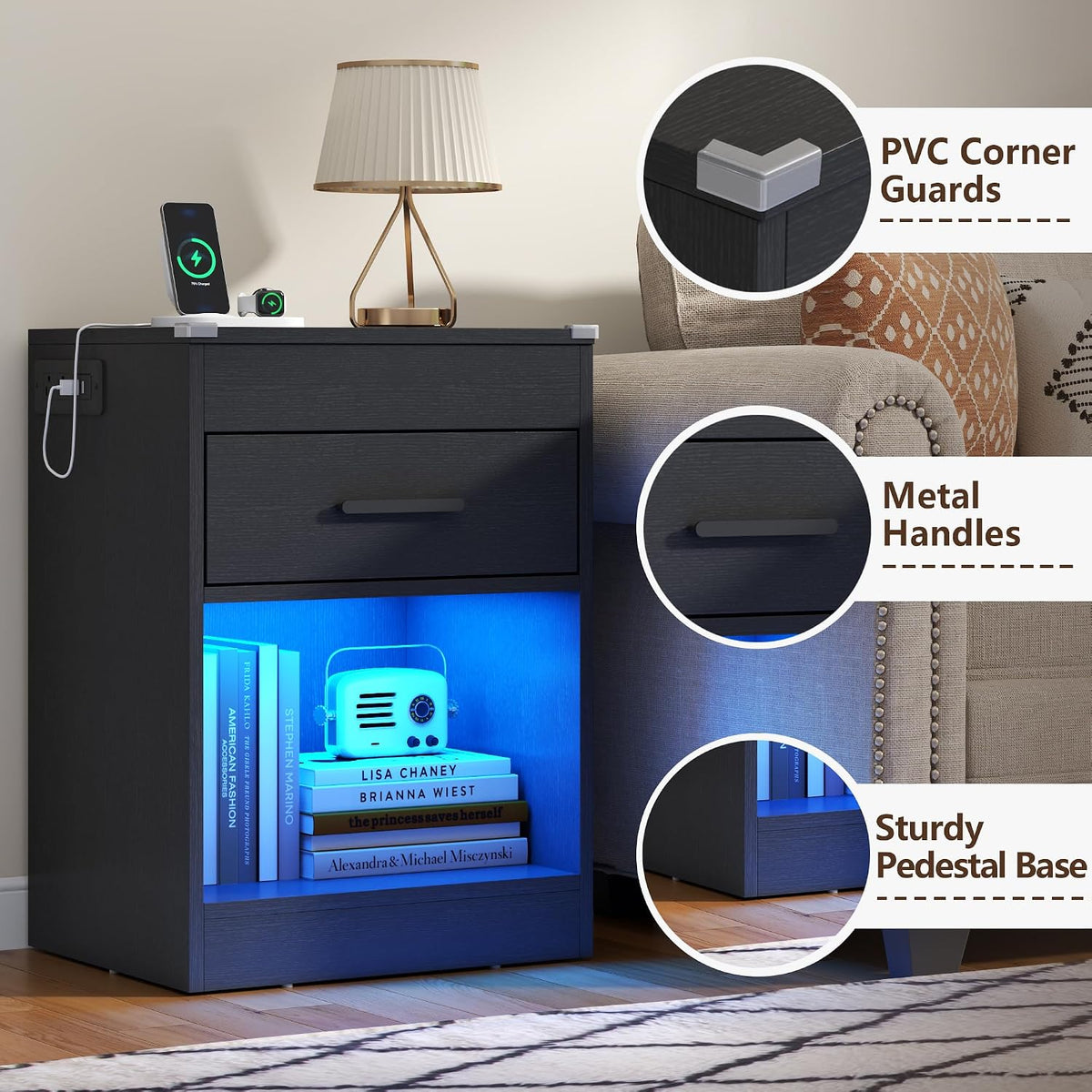 Black Nightstand Set of 2 with Charging Station & RFID Lock,LED Night Stand