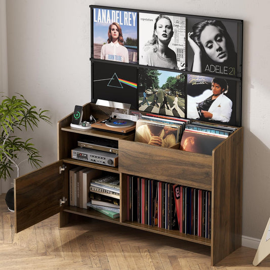 Upgraded Large Record Player Stand, Mid-Century Turntable Stand with Power Outlet, Large Record Player Table Holds Up to 500 Albums, Vinyl Storage Cabinet Display Shelf for Living Room (Walnut)