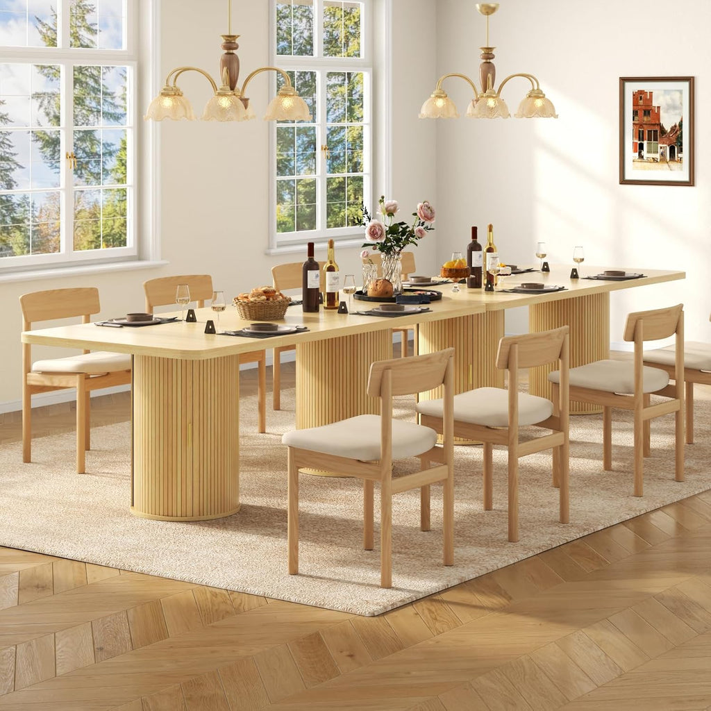 79" Dining Table for 8-10 People, Long Large Kitchen Table with 2-Tier Storage Shelf and Fluted Base, Modern Farmhouse Dinner Tables for Dining Room Kitchen,Living Room,Office (Natural)
