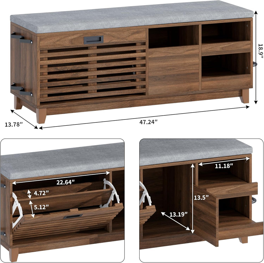 2-Tier Shoe Storage Bench,47" Entryway Bench with 2 Flip Drawers & Padded Seat Cushion, Walnut Shoe Bench with Adjustable Shelves & Sliding Doors,Storage Bench for Entryway,Hallway,Bedroom