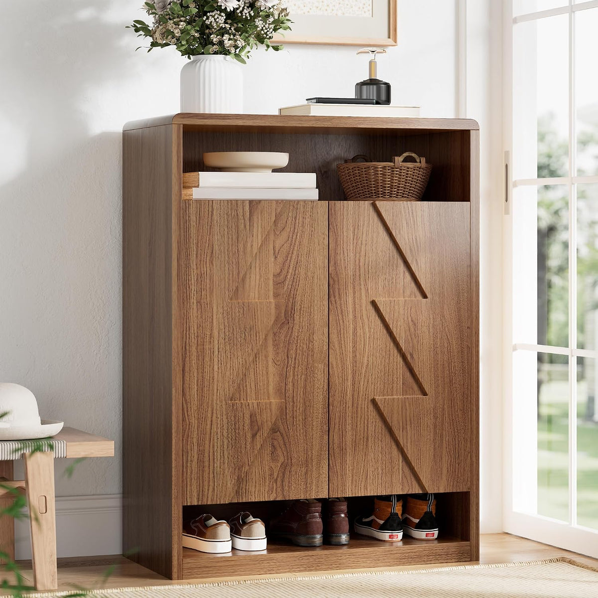 6-Tier Shoe Cabinet with 2 Doors, 47.2" Tall Walnut Shoe Storage Cabinet
