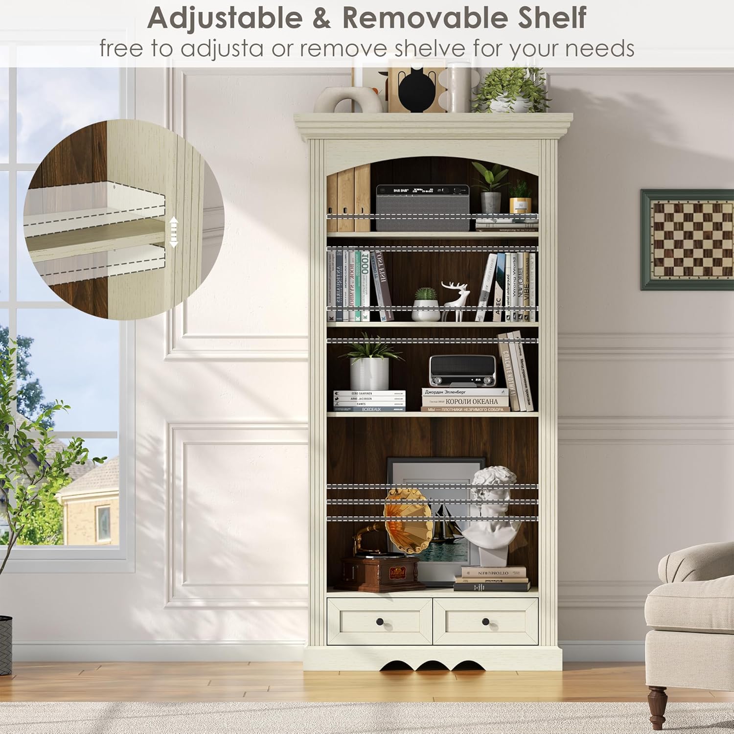 71’’ Tall Arched Bookcase with Stroage, Farmhouse 5-Tier Arch Bookshelf with Drawers, Freestanding Book Shelf with Adjustable Shelf and Roman Column Pattern for Home Office (1, White)