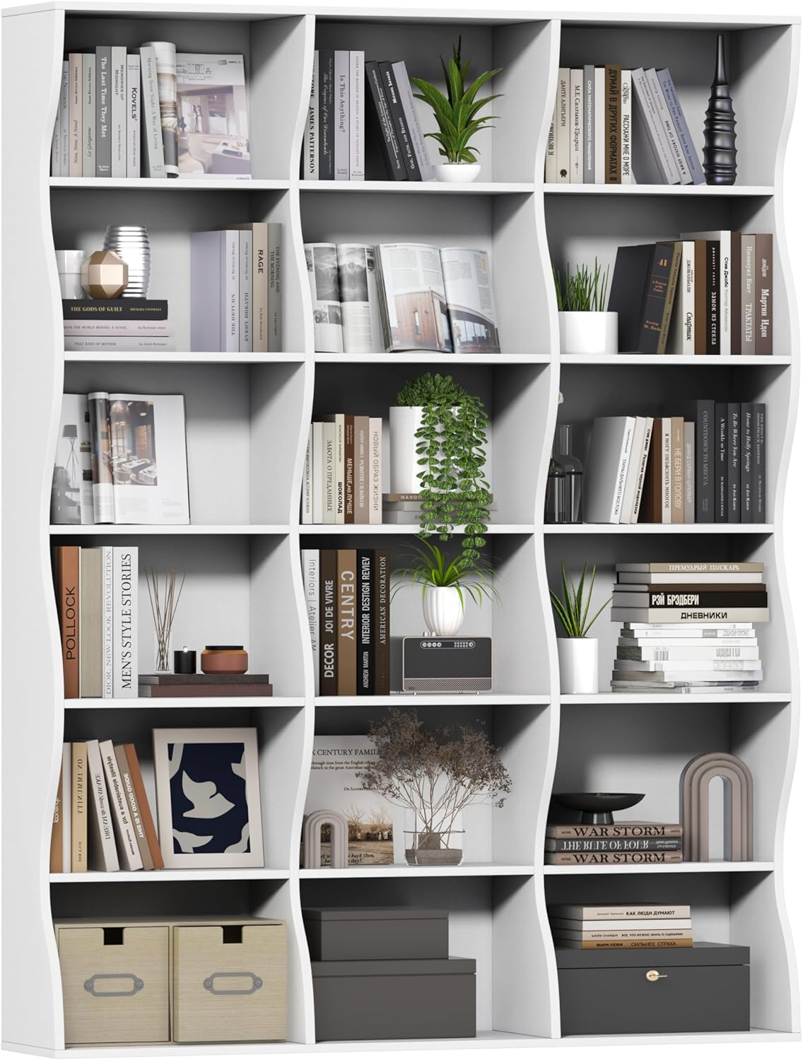 71" Triple Wide Bookshelf, 6 Tier Tall Bookcase with Storage, Large Book Shelves with 18 Open Display Shelves, White Bookcase for Living Room, Study, Home Office, Library (White)