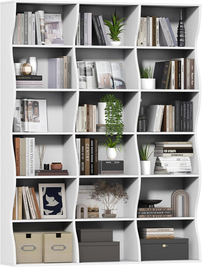 71" Triple Wide Bookshelf, 6 Tier Tall Bookcase with Storage, Large Book Shelves with 18 Open Display Shelves, White Bookcase for Living Room, Study, Home Office, Library (White)