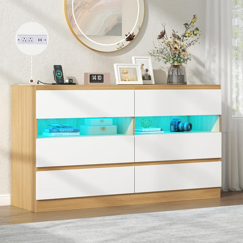 6 Drawer Dresser with Power Outlet & LED Light, Modern Chest of Drawers with 2 Open Cubbies, Double Wide Drawer Dresser Organizer, TV Stand for Bedroom, Entryway (White & Light Wood)