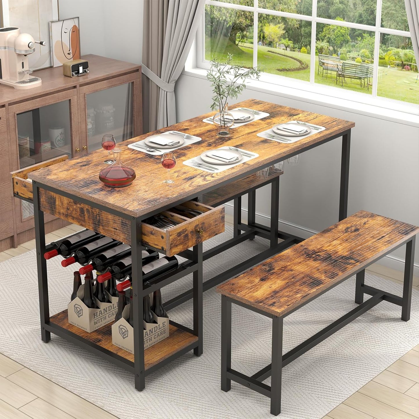 Dining Table Set for 4-6 People, 54.7" Kitchen Dinner Table with 2 Bench, Dining Room Tables Set with Storage Drawer & Shelf, 3-Piece Breakfast Nook Tables with Wine Rack &Glass Holder (Rustic)