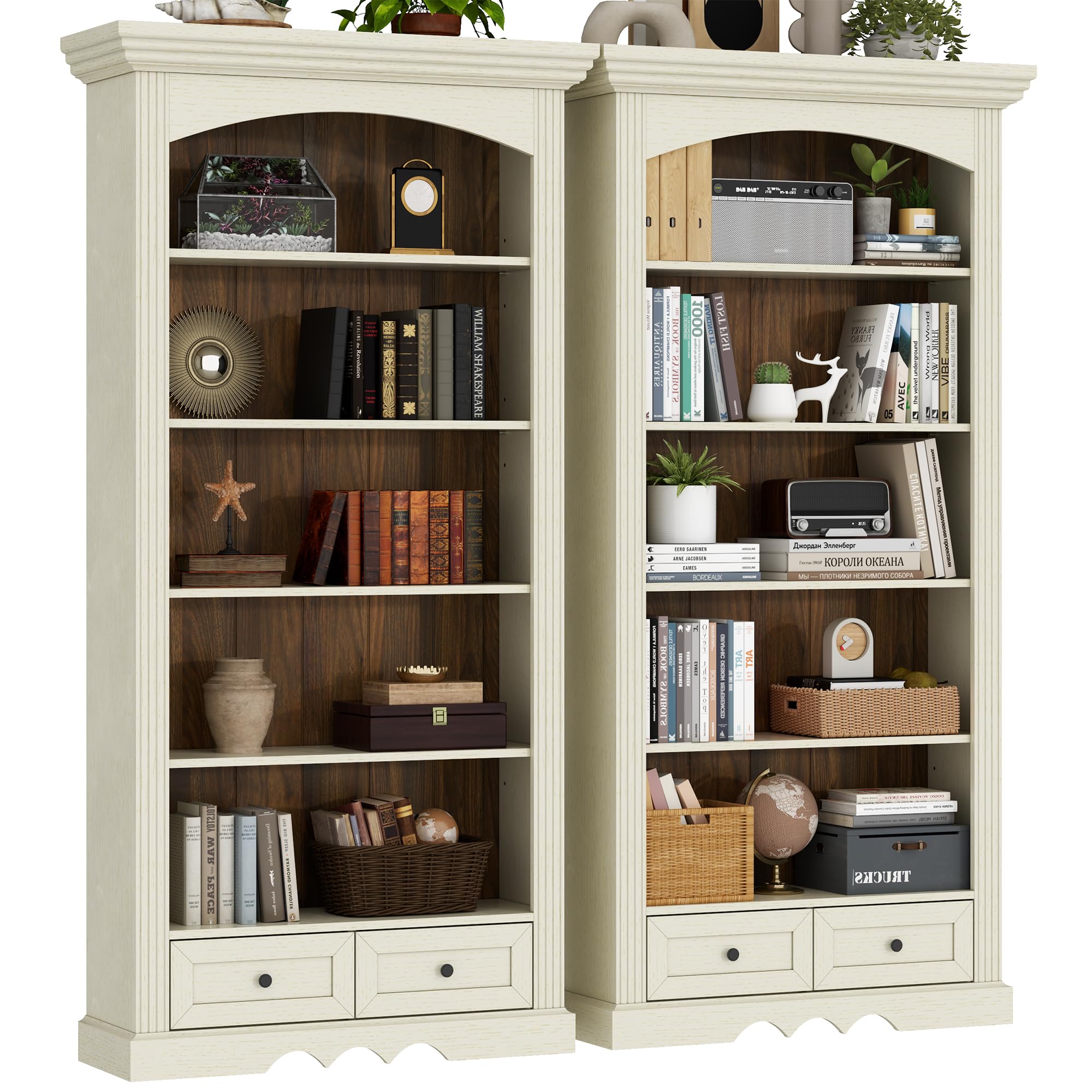 71’’ Tall Arched Bookcase with Stroage, Farmhouse 5-Tier Arch Bookshelf with Drawers, Freestanding Book Shelf with Adjustable Shelf and Roman Column Pattern for Home Office (1, White)