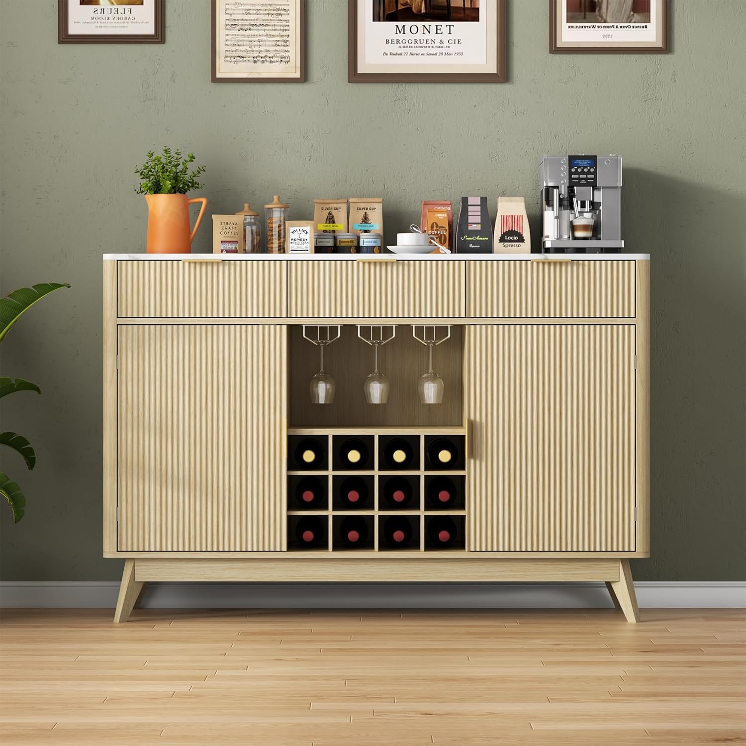 Wine Bar Cabinet with 3 Drawers，Home Liquor Cabinets with Wine and Glasss Rack, Fluted Coffee Bar Cabinet with Adjustable Shelves, Buffet Sideboard for Kitchen,Living Room, Dining Room, Entryway