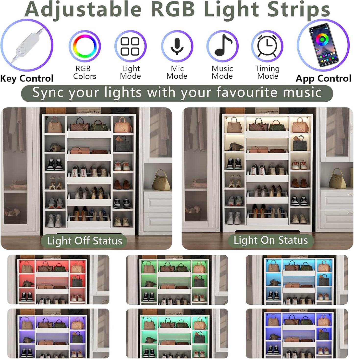 Auromie Shoe Storage Cabinet with 5 Drawers & 12 Shelves, Modern LED Shoe Rack & Handbag Storage Cabinet, Freestanding Shoes and Handbag Storage Organizer for Closet, Entryway, Living Room (White)