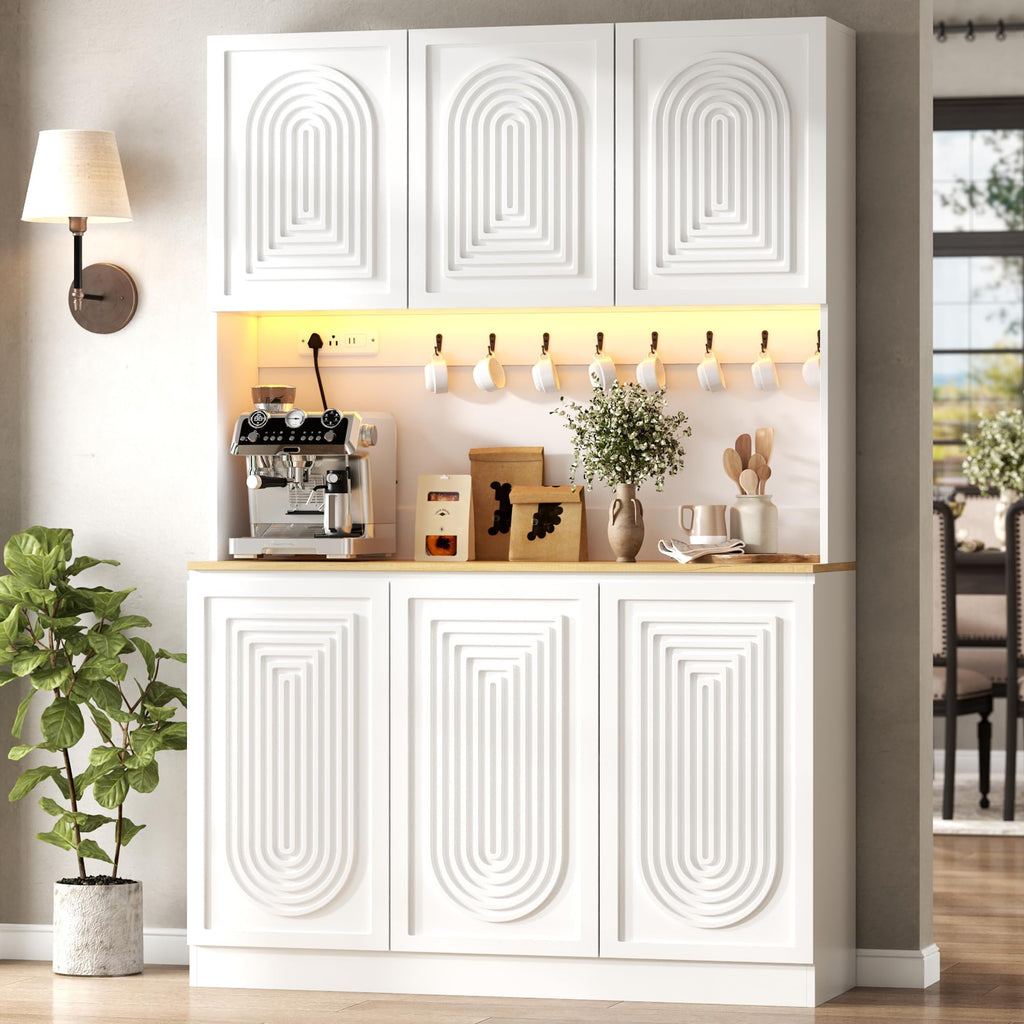71" Black Kitchen Pantry with Power Outlet, Kitchen Hutch with LED Light