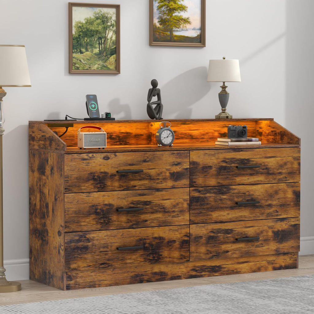 6 Drawer Dresser with Power Outlet, Chest of Drawers with LED Light, Modern Dresser with Open Storage Cubby, Double Wide Dressers Organizer for Bedroom, Living Room, Entryway, Hallway