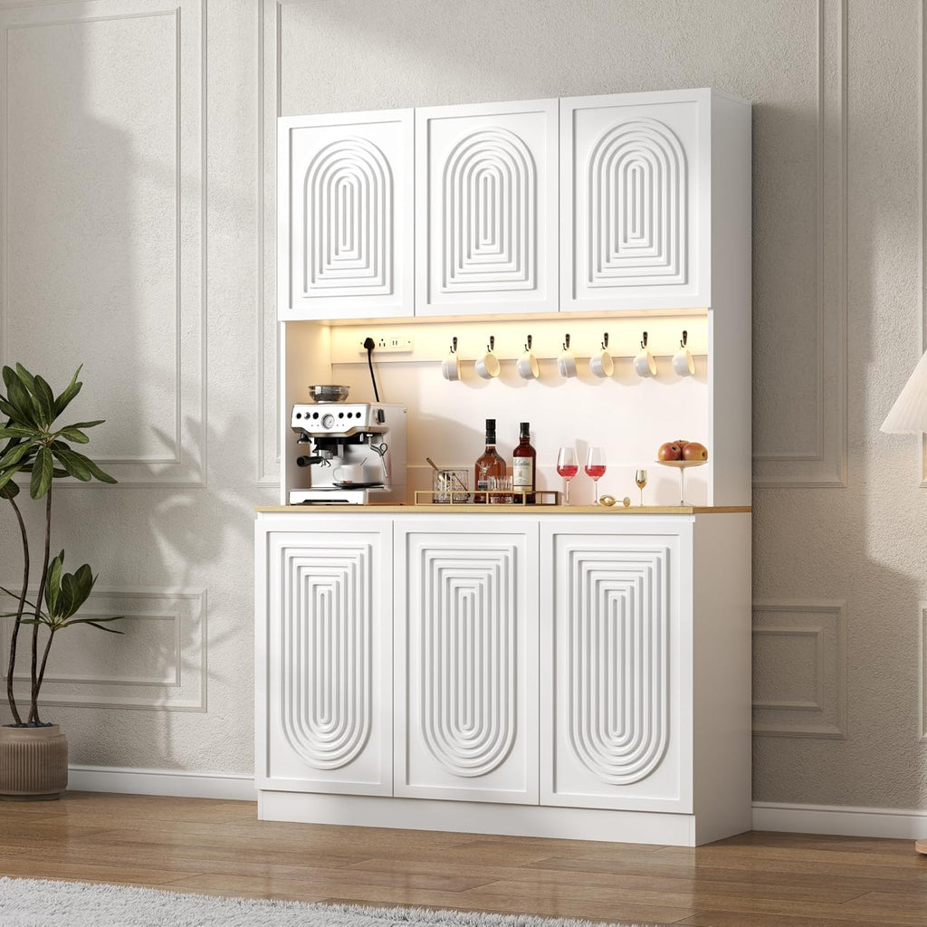 Gyfimoie 71" Kitchen Pantry with Power Outlet & LED Light, Large Kitchen Hutch Cabinet with Adjustable Shelf, Modern Buffet Cabinet with 6 Doors, Food Pantry Storage for Dining Room (White-6 Doors)
