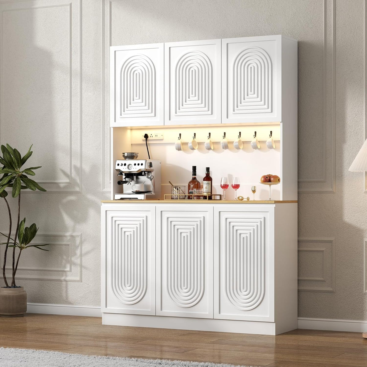 Gyfimoie 71" Kitchen Pantry with Power Outlet & LED Light, Large Kitchen Hutch Cabinet with Adjustable Shelf, Modern Buffet Cabinet with 6 Doors, Food Pantry Storage for Dining Room (White-6 Doors)