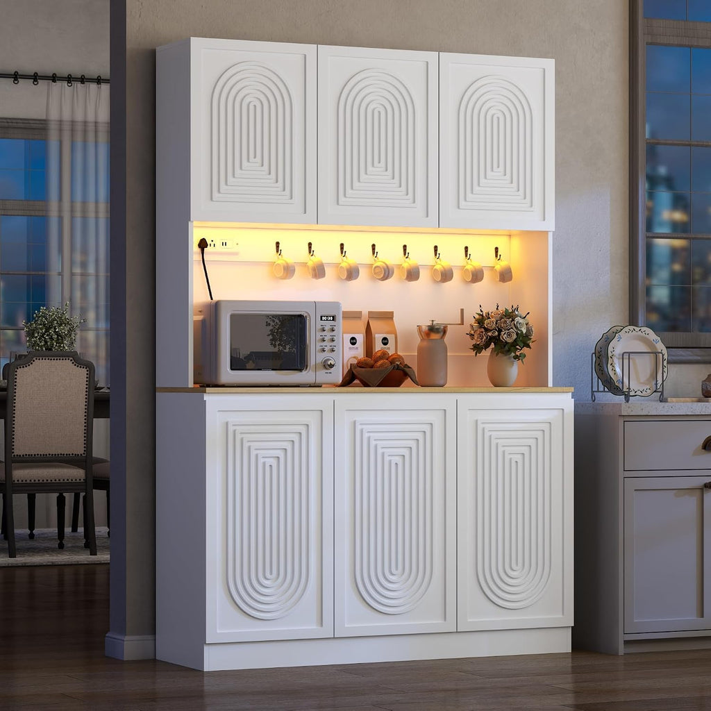 Gyfimoie 71" Kitchen Pantry with Power Outlet & LED Light, Large Kitchen Hutch Cabinet with Adjustable Shelf, Modern Buffet Cabinet with 6 Doors, Food Pantry Storage for Dining Room (White-6 Doors)