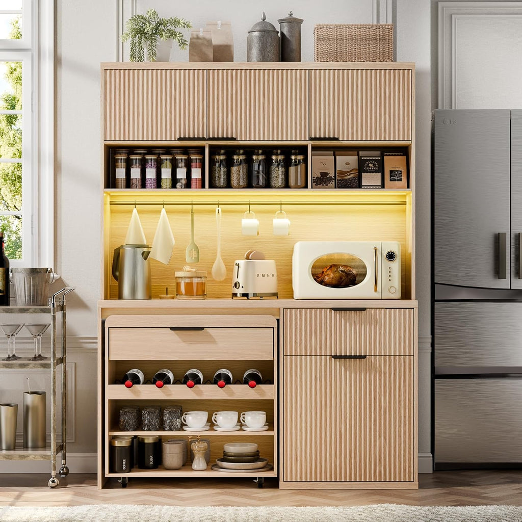 71" Tall Pantry Cabinet with Wine Cabinet Cart, Kitchen Storage Cabinets with LED Light & Charging Station, Kitchen Hutch with Microwave Stand, Freestanding Food Pantry with for Dining Room, Natural