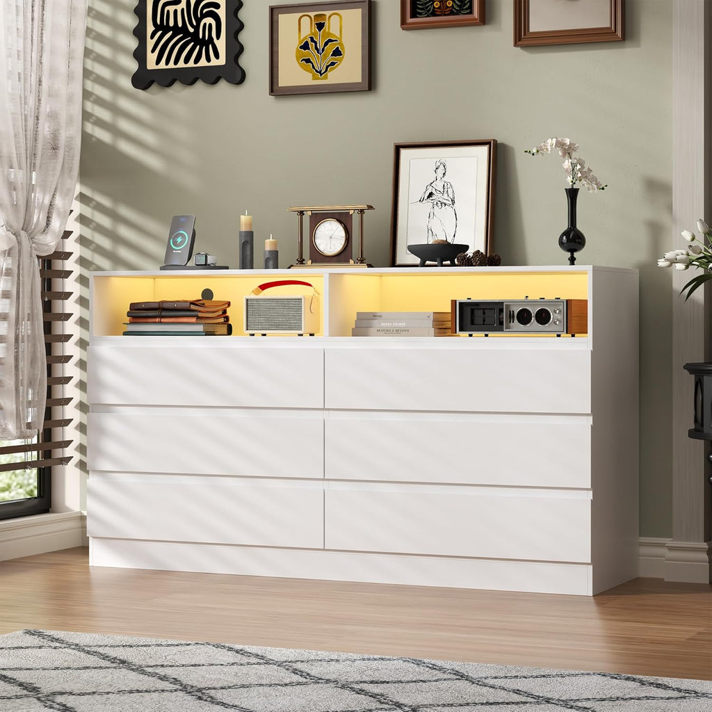 6 Drawer Dresser with Power Outlet, Modern White Dresser Chest of Drawers with LED Ligh, Wooden Dressers TV Stand, Double Wide Dressers Organizer for Bedroom, Living Room, Entryway