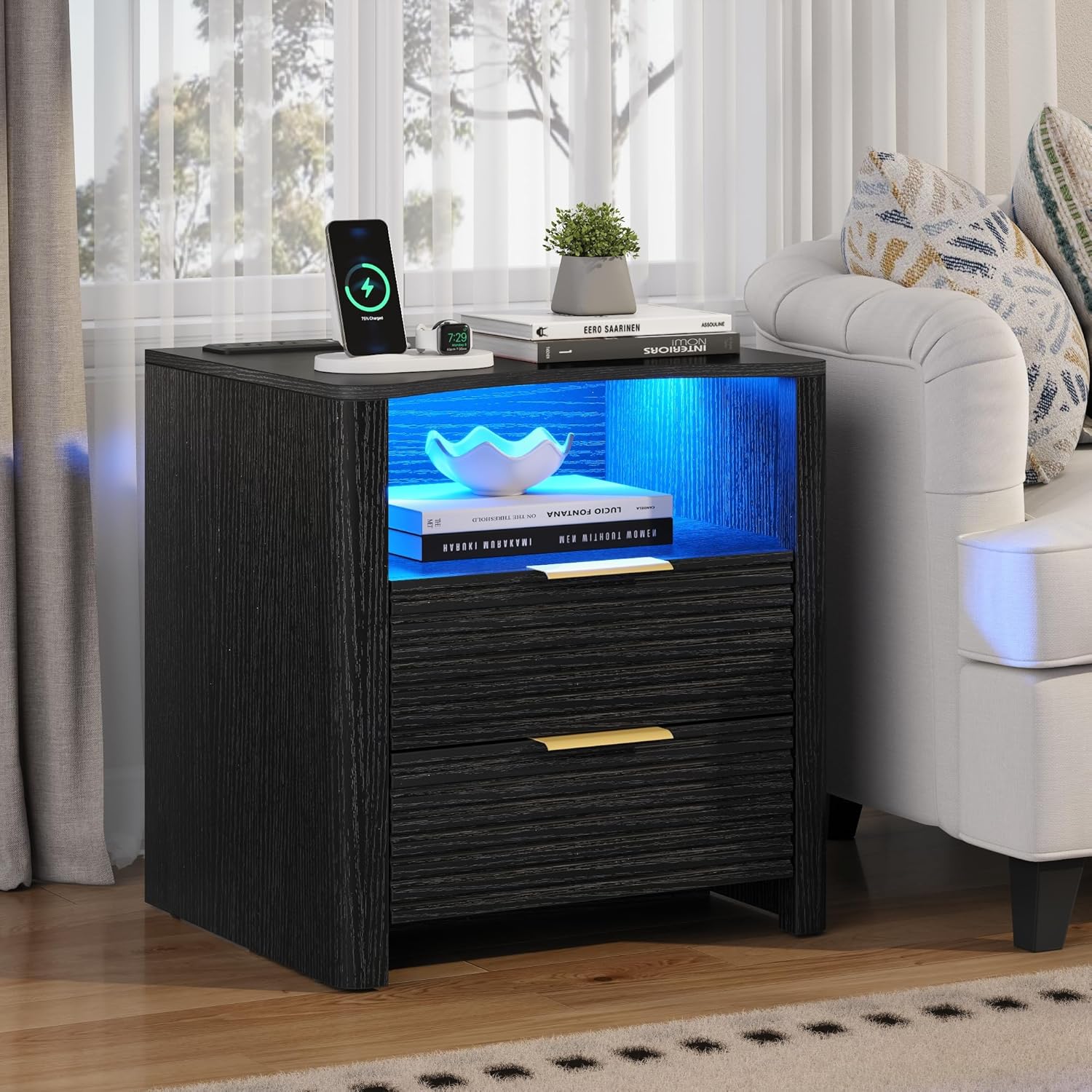 Fluted Nightstand with Charging Station & LED Lights, 2-Drawer White Bedside Table with Open Shelf
