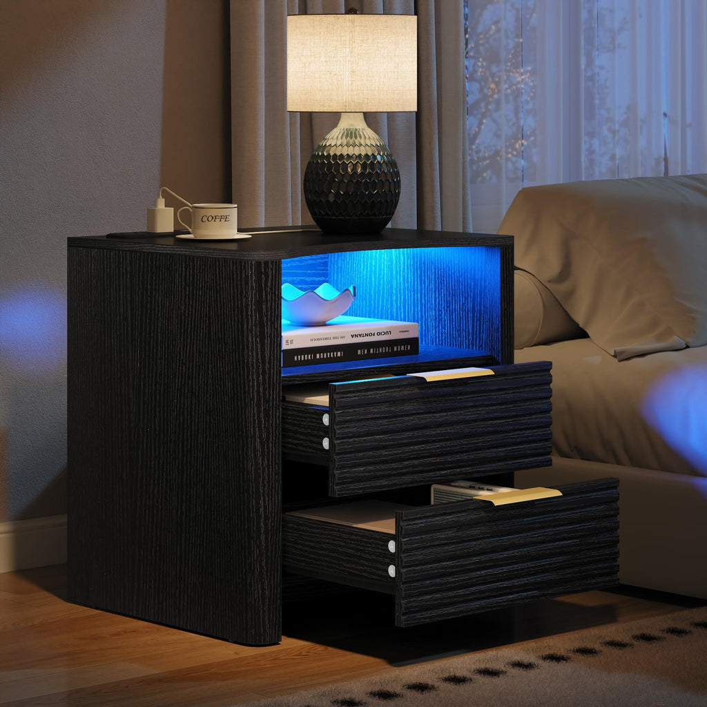 Fluted Night Stand with Charging Station, White Nightstand with LED Lights, Modern Bedside Table with 2 Large Drawers, End Table with Open Storage Shelf, Night Stands for Bedroom, Living Room