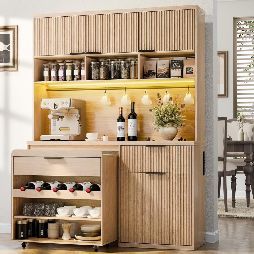 71" Tall Pantry Cabinet with Wine Cabinet Cart, Kitchen Storage Cabinets with LED Light & Charging Station, Kitchen Hutch with Microwave Stand, Freestanding Food Pantry with for Dining Room, Natural