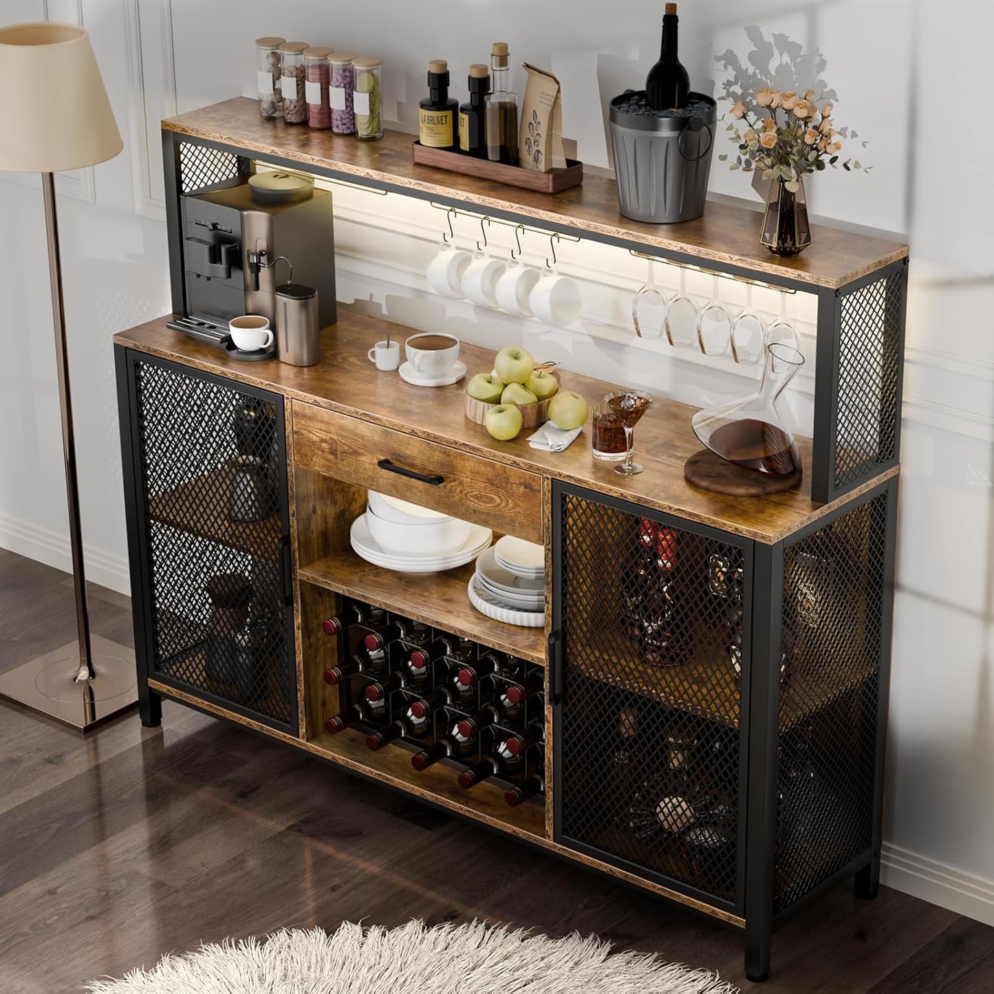 Wine Cabinet with Drawer, LED 55 Inches Industry Coffee Bar Cabinet with Wine Rack and Glass Goblet Holder, Kitchen Sideboard Buffet Cabinet for Liquor and Goblet (Rustic)