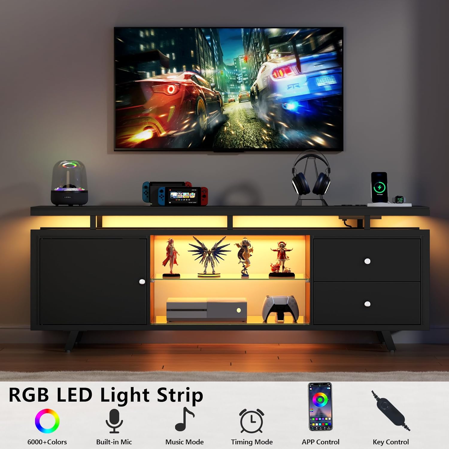 TV Stand for 65 Inch TV, LED Light Entertainment Center with Power Outlet and Storage Drawers & Cabinets, Modern Wood Media TV Console with Glass Shelves for Living Room Bedroom (Black)