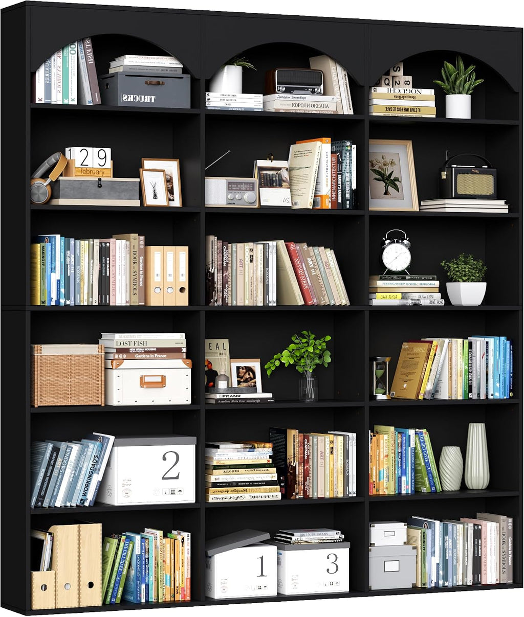 Gyfimoie 71’’ Triple Wide Bookshelf and Bookcase, 7-Tier Tall Arched Bookcase Modern Large Open Display Shelves with Curved Baffle for Home Office Living Room (Black, 71‘’H x 59''W x 9.25''D)