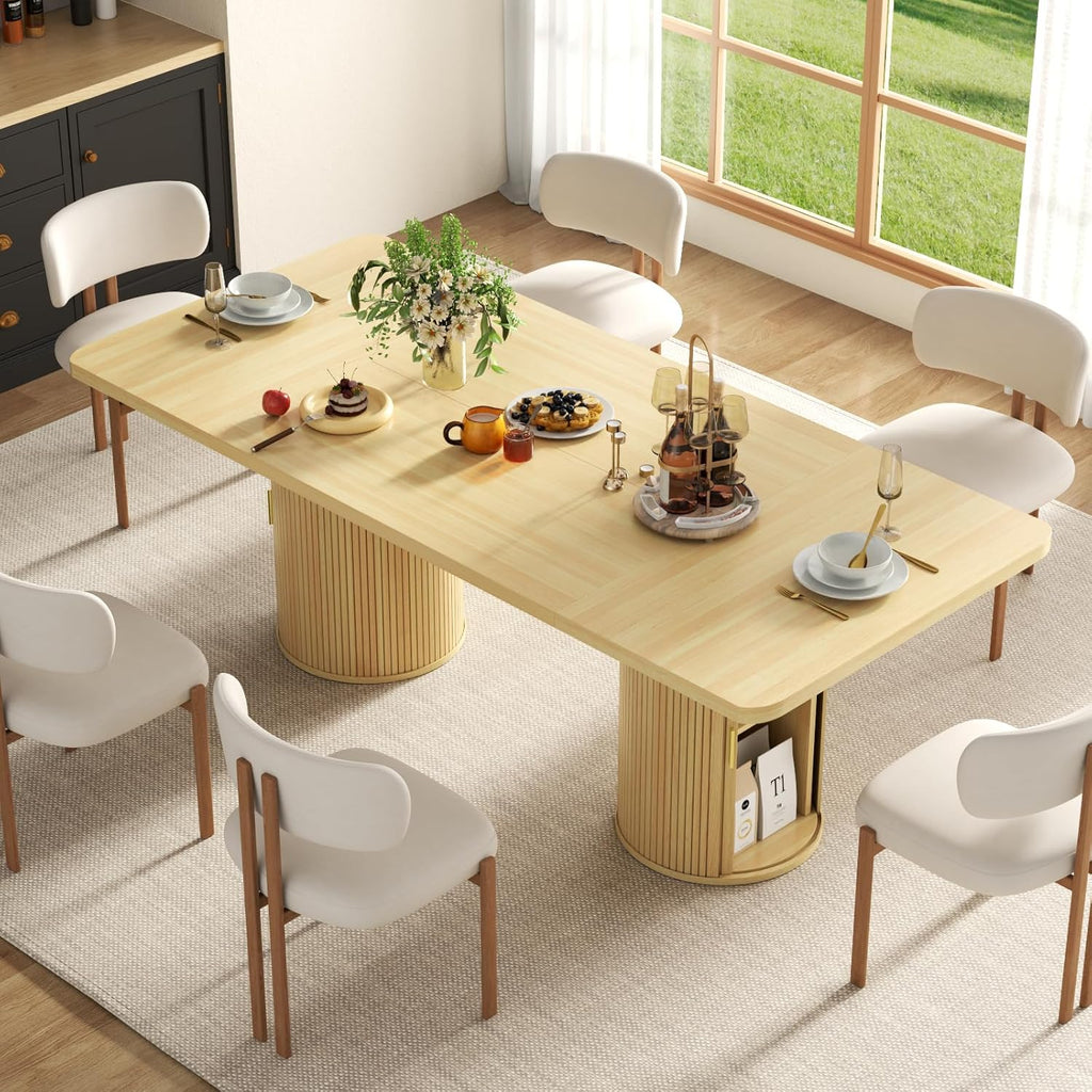 79" Dining Table for 8-10 People, Long Large Kitchen Table with 2-Tier Storage Shelf and Fluted Base, Modern Farmhouse Dinner Tables for Dining Room Kitchen,Living Room,Office (Natural)