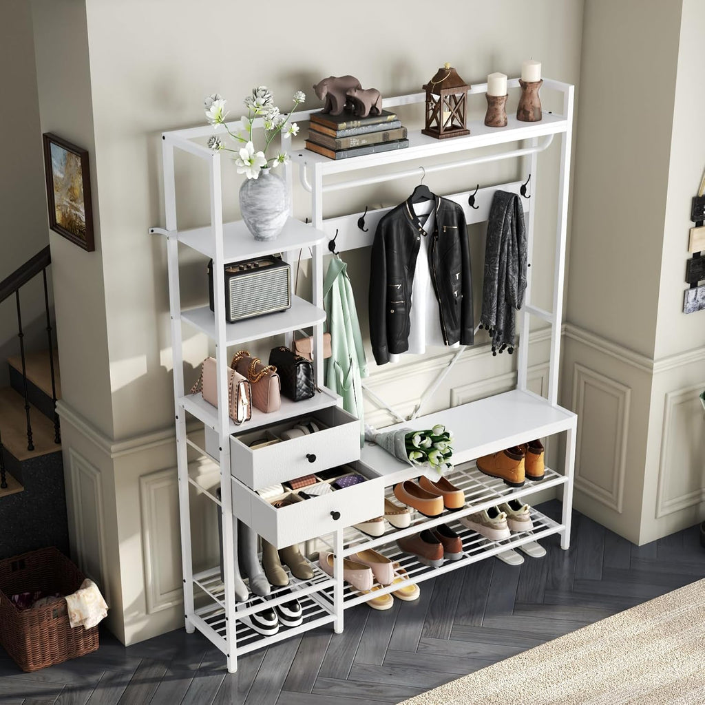 7-in-1 Hall Tree with Bench and Shoe Storage for Entryway, Entryway Bench with Coat Rack, Storage Shelves, Shoe Race, Coat Hooks and 2 Fabric Drawers for Hallway(White)