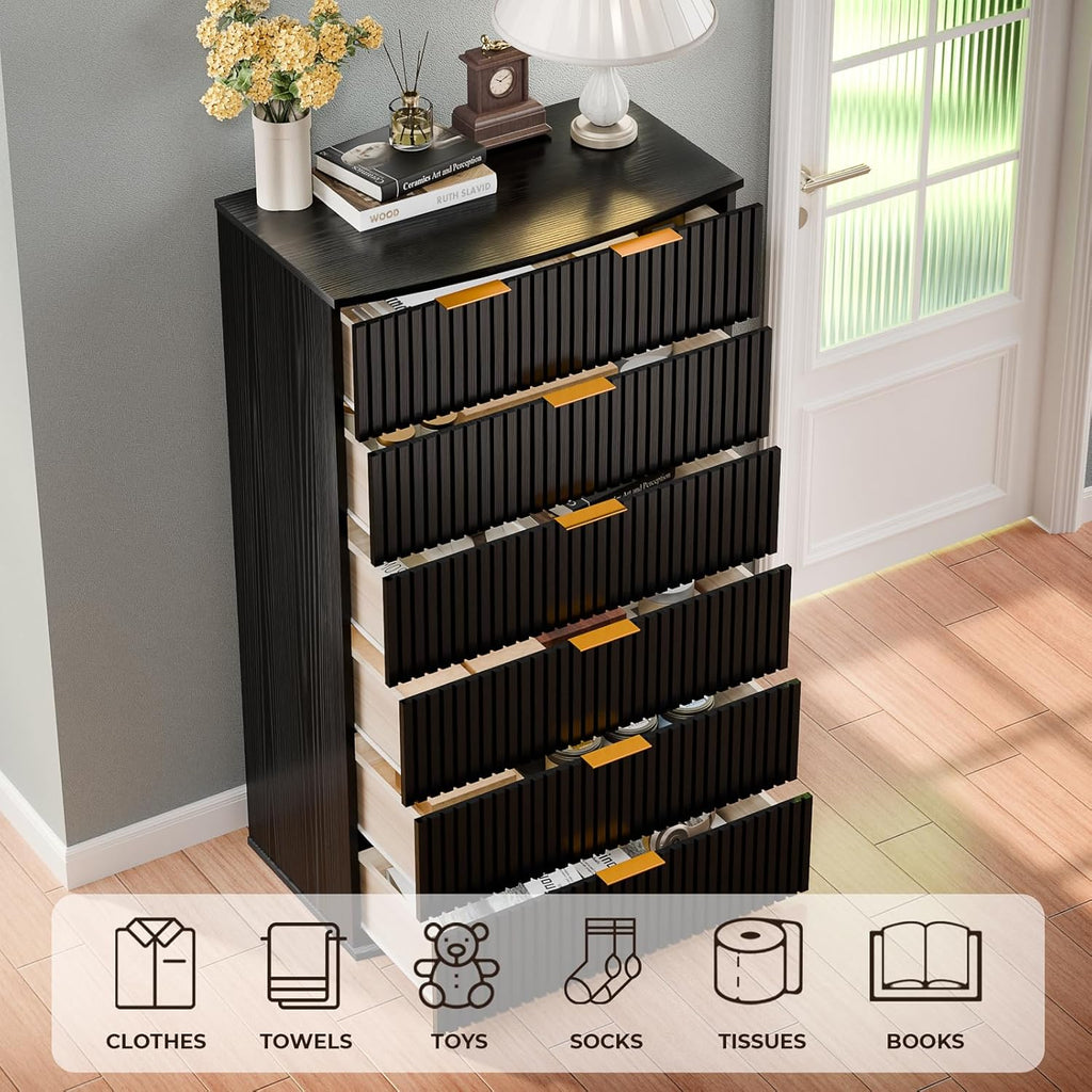 Tall Black Dresser with 6 Drawers, Fluted Chest of Drawers with Curved Tabletop, Black and Gold Vertical Dresser with Metal Handle, Modern Storage Wooden Dressers for Bedroom, Living Room (Black)