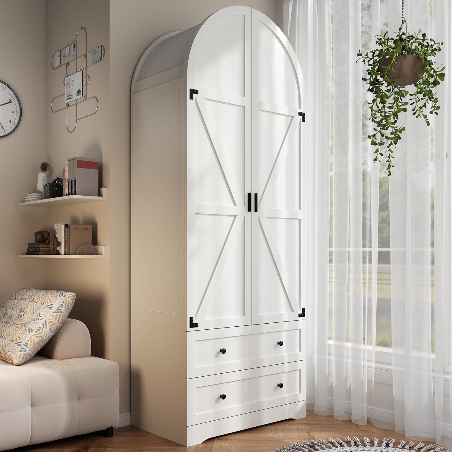 74.8" White Armoire Wardrobe Closet with 2 Drawers and 2 Doors, Tall Bedroom Freestanding Armoire Storage Cabinet with Shelves, Wood Large Wardrobe Combination for Hanging Clothes (White)