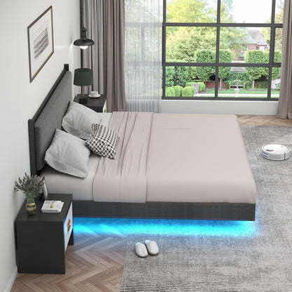 King Floating Bed Frame with LED Light, Modern Upholstered Platform Bed Frame with Double Beams, No Box Spring Needed, Innovative Stable Structure, Easy Assemble (Grey, King (U.S. Standard))