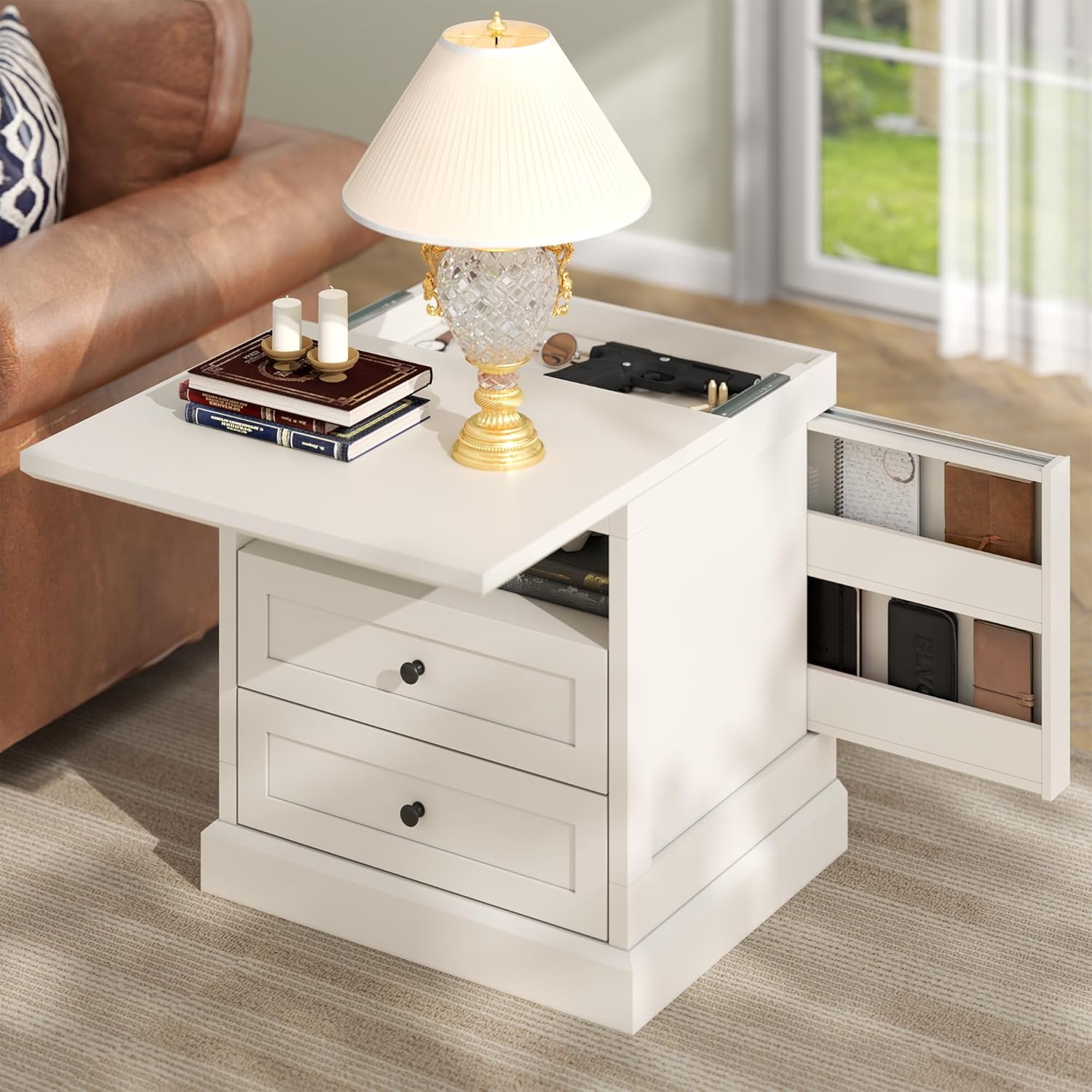 Nightstand with Side Drawer, Night Stand, End Table with Hidden Storage Space, Bedside Table with Open Shelf, 2 Drawers Dresser for Bedroom, Living Room, Closet (White)