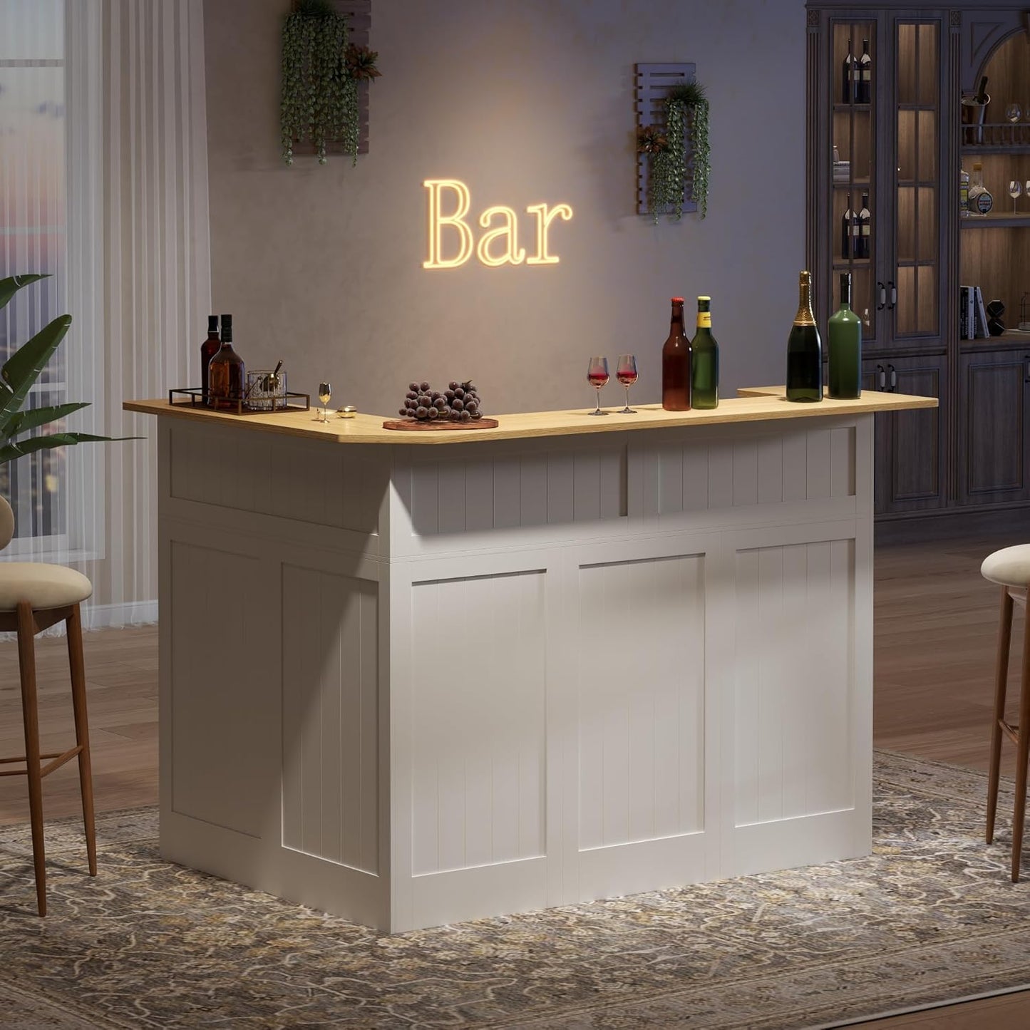 Bar Cabinet, L-Shaped Home Bar Table with Drawers and Doors, Corner Bar Unit with Stemware Racks, Liquor Wine Bar Cabinet with Storage Shelves for Home Pub