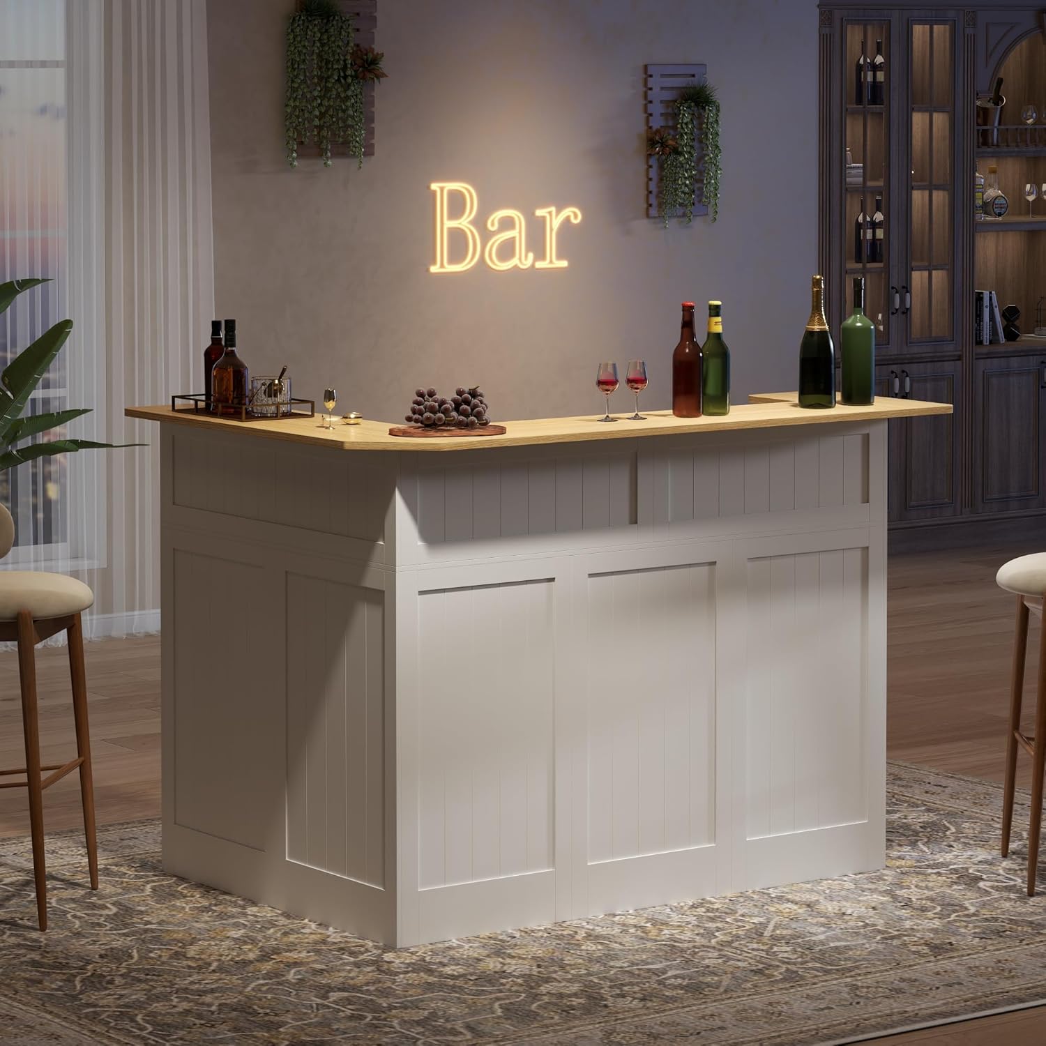 Bar Cabinet, L-Shaped Home Bar Table with Drawers and Doors, Corner Bar Unit with Stemware Racks, Liquor Wine Bar Cabinet with Storage Shelves for Home Pub