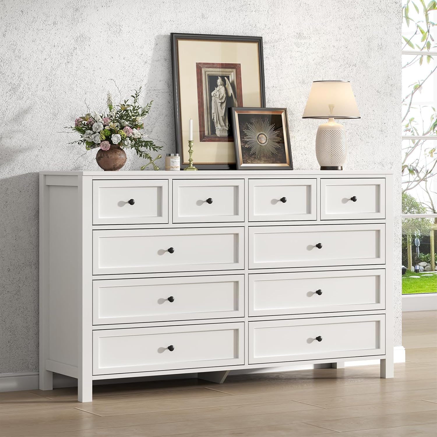 Farmhouse 10 Drawers Dresser for Bedroom, White Dresser Chest of Drawers, Wood Storage Dressers with Deep Drawers and Metal Handle, Wide Modern Dressers & TV Stand for Living Room, Closet, Hallway