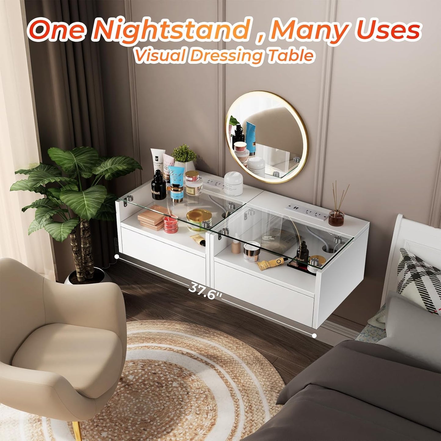 Floating Nightstand with Charging Station, Floating Night Stand with Charging Station and LED, Night Stand for Living Room, Entryway Wall, Bedroom White Nightstand