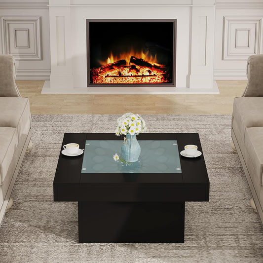 Square Coffee Table with LED Lights, 35.4" Coffee Tables for Living Room, Tempered Glass-top Coffee Table, Black Modern Center Table, Engineered Wood Low Coffee Tables for Home Office