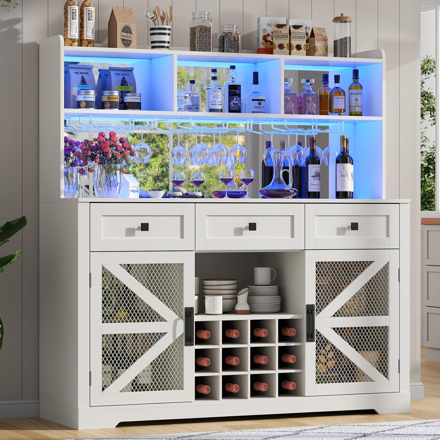 Wine Bar Cabinet with LED Lights, Farmhouse Coffe Bar with Mirror, 3 Drawers & Wine Rack, Kitchen Buffet Sideboard with Storage & Glass Holder, Liquor Cabinet Hutch (53.66" Tall)