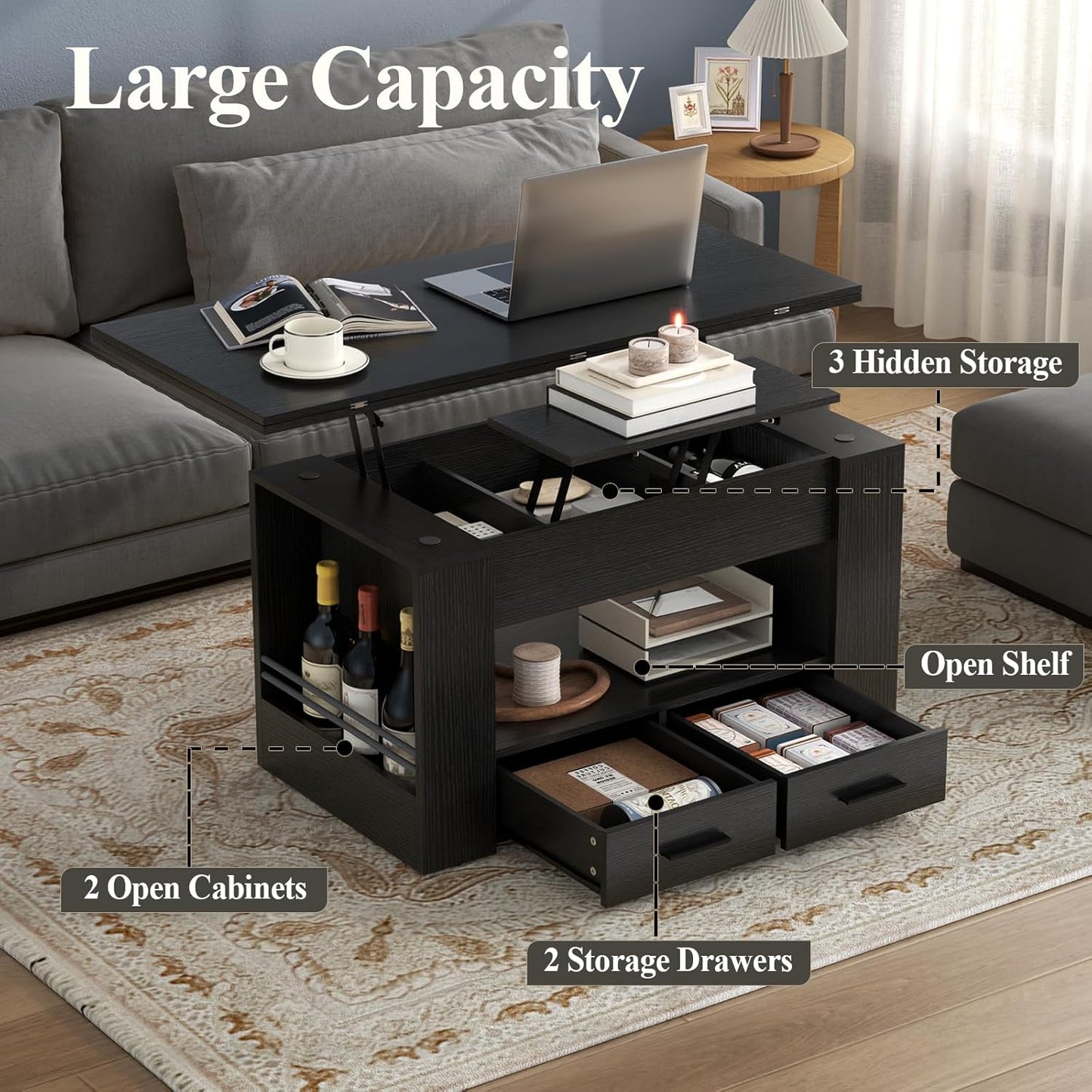 Lift Top Coffee Table, 4 in 1 Multi-Function Coffee Table with Storage Shelf and Hidden Compartment, Center Table with Large Drawers, Converts to Dining Table for Living Room, Home Office (Black)