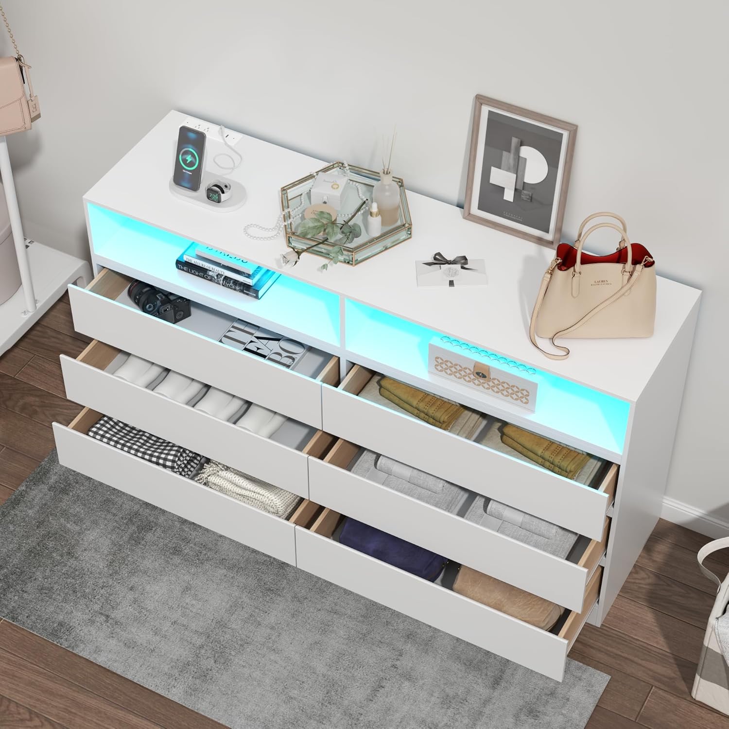 6 Drawer Double Dresser with Power Outlet, Accent Chests of Drawers with LED Light, Modern White Storage Dresser with Charging Station (Mirror Not Included)