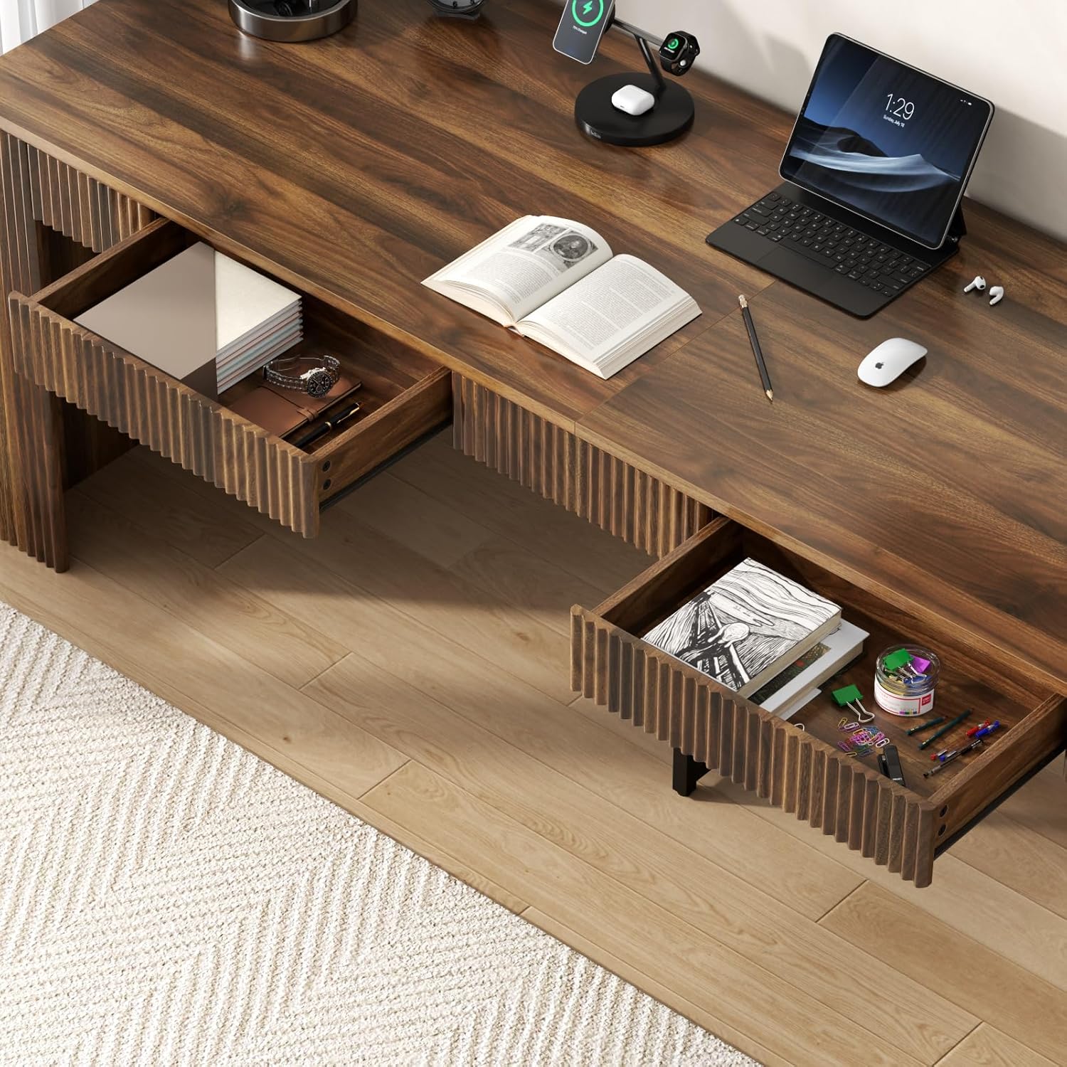 78.74" Executive Desk, Large Office Desk with 2 Drawer, Farmhouse Wooden Computer Desk Writing Table Conference Workstation Table for Office, Study, Dark Brown