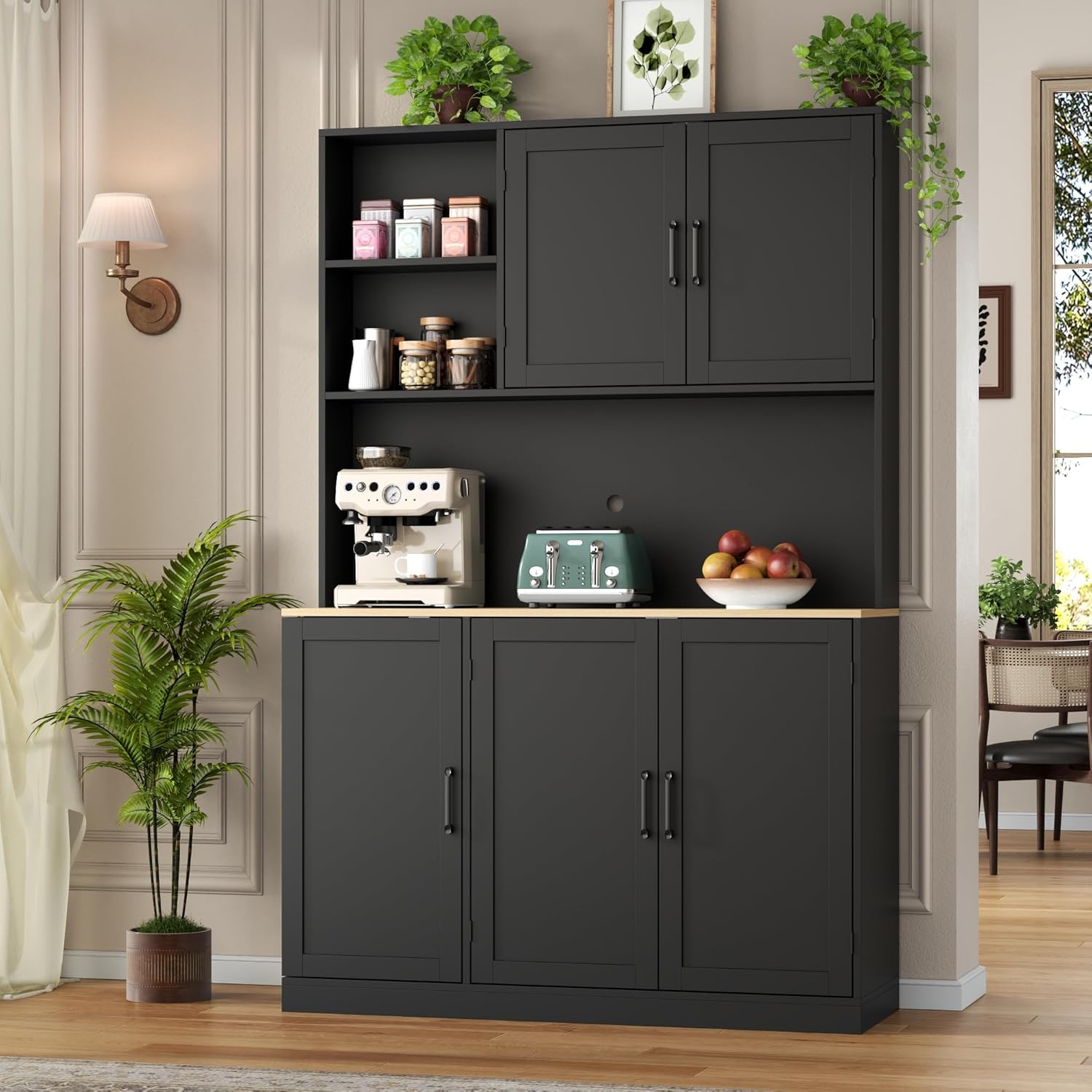 71" Tall kitchen Pantry Storage Cabinet, Modern Kitchen Hutch with 3 Pull-out Drawers, Kitchen Pantries with Microwave Stand & Door Shelf, Food Pantry with Adjustable Shelves for Dining Room (Black)