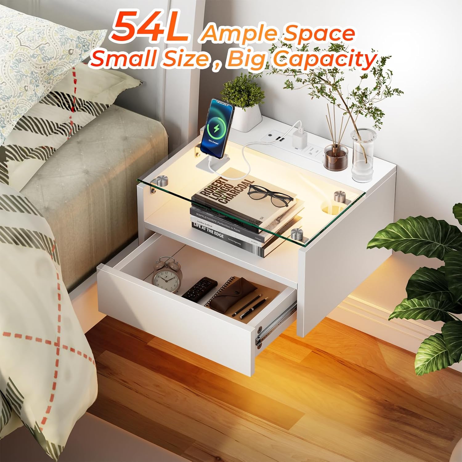 Floating Nightstand with Charging Station, Floating Night Stand with Charging Station and LED, Night Stand for Living Room, Entryway Wall, Bedroom White Nightstand